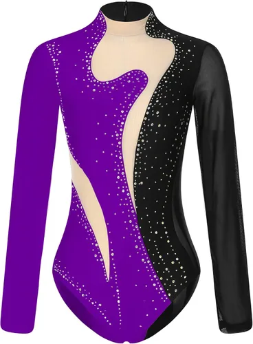 Vista 3 de Traje de baile de manga larga con diamantes de imitación brillantes para mujer, leotardos de gimnasia