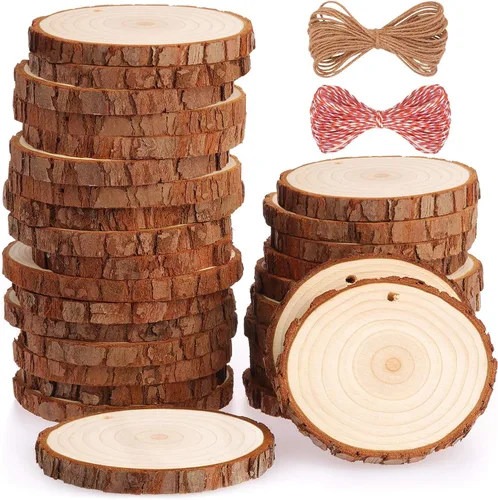 Vista 10 de Fuyit Juego de 30 rodajas de madera de 2.0 a 2.4 pulgadas, sin acabar, con agujero, círculos de madera para artes y manualidades, adornos