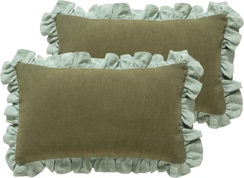 Vista 20 de patdrea - Juego de 2 fundas de cojín decorativas estilo shabby chic verdes, 18x18 pulgadas, fundas de cojín de lino rústico con volantes, funda