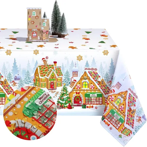 Vista 8 de Tiamon - Mantel de Navidad de jengibre de 52 x 70 pulgadas, mantel reutilizable de hombre de jengibre, mantel de árbol de Navidad de poliéster