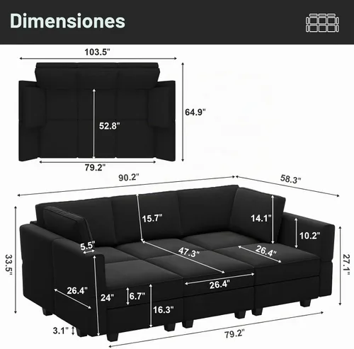 Vista 2 de Belffin Sofá Seccional Modular de Terciopelo con Chaise Lounge Sofá Cama Seccional con Chaise de Almacenamiento Sofás Cama Sofá para Sala de Estar
