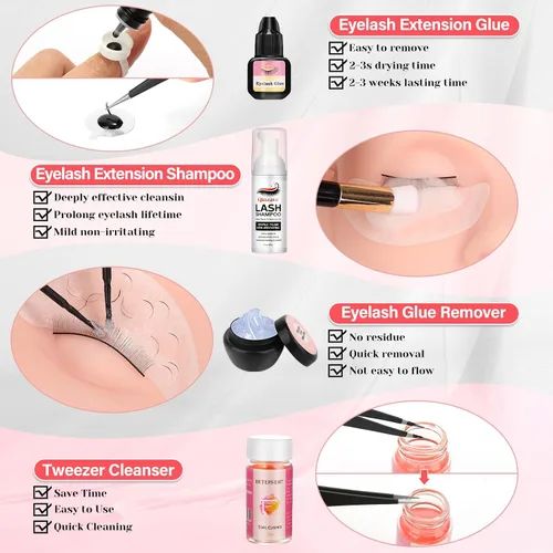Vista 3 de Kit de pestañas para principiantes de extensión de pestañas Kit de extensión de pestañas con cabeza de maniquí de pestañas, Kit de inicio