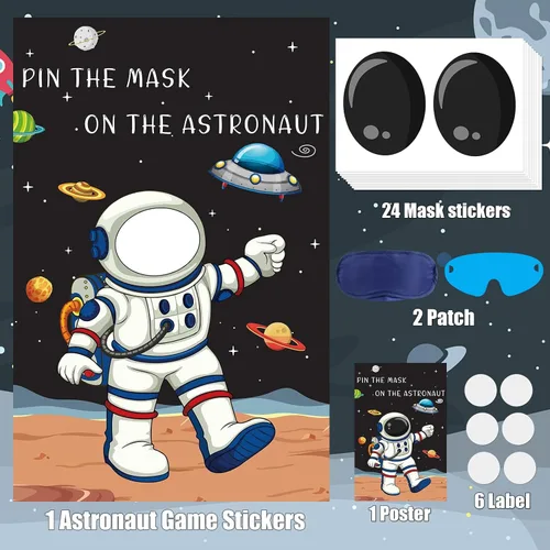Vista 2 de Hooqict Pin The Mask on The Astronaut Space Party Games for Kids Juego de cumpleaños Astronauta Sistema Solar Decoración de fiesta temática