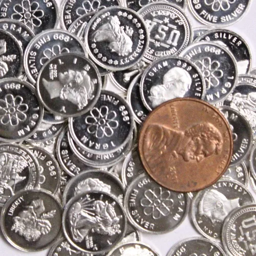 Vista 5 de Cinco (5) rondas de plata fina .999 de un gramo con diseños aleatorios