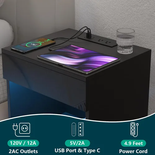 Vista 3 de HOMMPA Mesita de noche LED con estante abierto con estación de carga, 2 cajones, mesita de noche negra con almacenamiento, mesitas de noche