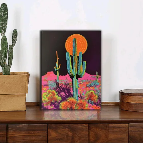 Vista 6 de Arte enmarcado para decoración de cactus, arte de pared de atardecer en el desierto, impresiones botánicas, carteles trippy, ilustraciones