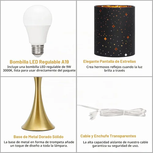 Vista 6 de Lámpara táctil para dormitorio, lámpara de mesa dorada regulable en 3 vías con pantalla estrellada negra, lámpara decorativa de mesita de noche Base