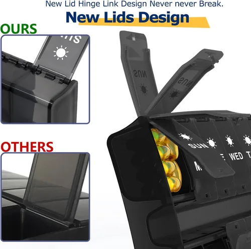Vista 3 de Organizador de pastillas grande 2 veces al día (negro) 7 Day AM/PM Pill Box, Hinged Lids & Secure Lock, Big Pill Box Holder Twice a Day, For