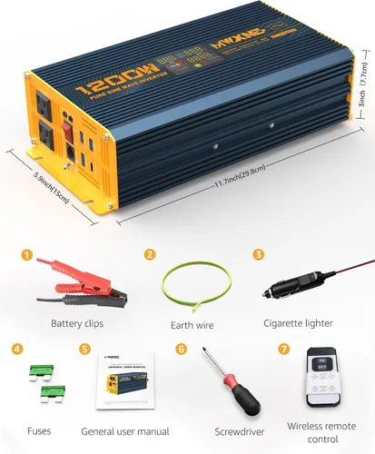 Vista 9 de Inversor de Potencia de Onda Sinusoidal Pura de 1200 Vatios DC 12V a 110V AC Convertidor con Dos Salidas de CA, Puertos USB de Carga Rápida