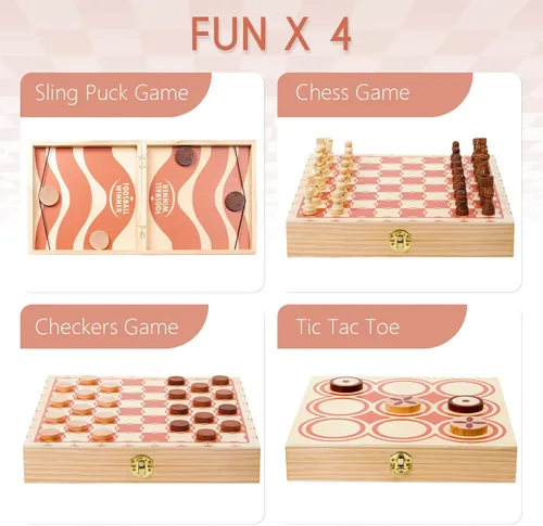 Vista 2 de RM ROOMERS Juego de discos rápidos de madera 4 en 1 para adultos, ajedrez, damas, Tic Tac Toe, juegos de mesa de viaje plegables portátiles