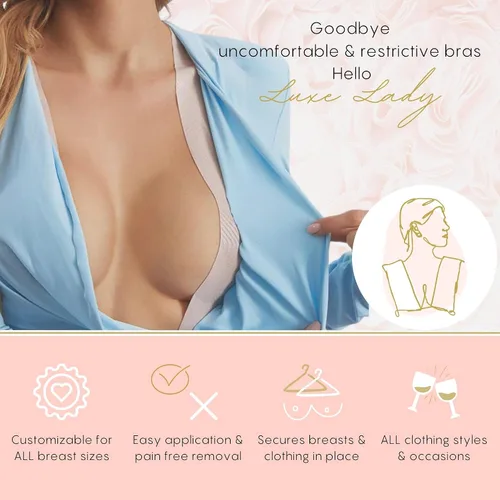 Vista 4 de Luxe Lady - Cinta adhesiva de doble cara para levantamiento de senos, cinta de moda de doble cara para ropa + fundas reutilizables con acabado mate