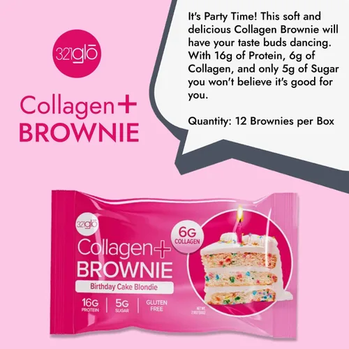 Vista 4 de 321glo Brownie de proteína de colágeno, sin gluten, bajo en azúcar, aperitivo keto para mujeres, hombres y niños, 0.66 onzas de proteína, 0.26 onzas