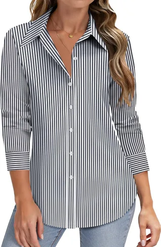 Vista 19 de HOTOUCH Camisas de manga larga con botones para mujer, camisas de vestir con protección contra manchas, ajuste delgado, blusas de trabajo, oficina