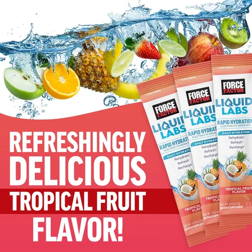 Vista 3 de Force Factor Liquid Labs Paquetes de Polvo de Electrolitos—Fruta Tropical—Paquetes de Hidratación para Hacer Agua de Electrolitos, con 5