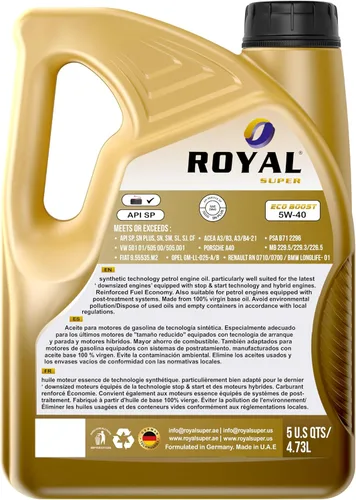 Vista 2 de Aceite de motor sintético completo 5W-40 para vehículos de gasolina, API SP/CF, 5 cuartos de galón (5 QTS de EE. UU. (4.73 ltr))
