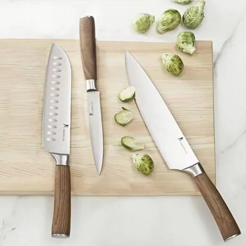 Vista 4 de kangdelun Ultra Sharp - Juego de cuchillos de chef de 4 piezas, acero inoxidable de alto carbono, asas de madera de fresno marrón torreficado, caja