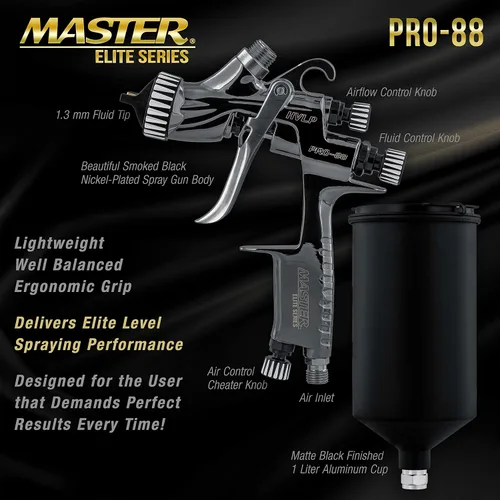 Vista 3 de Master Elite Performance PRO-88 HVLP Pistola de pintura en aerosol automotriz con punta de 0.051 in, taza de 1 litro, calibre regulador, adaptador