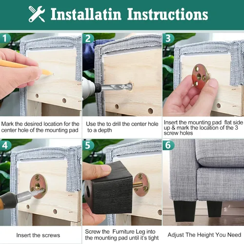 Vista 5 de Pernos de rosca métrica M8-1.25, patas de plástico para muebles, patas de sofá cuadradas negras de 2 pulgadas con tuercas de placa, repuesto