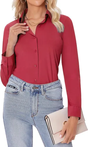 Vista 13 de siliteelon Camisas con botones para mujer, ajustadas, de manga larga, elásticas, de vestir, camisas de trabajo, sin arrugas, blusas de oficina