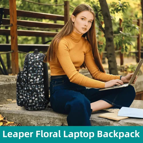 Vista 9 de Leaper Mochila para laptop para mujer: linda mochila floral para escuela, universidad, viajes, trabajo, mochila ligera para niños, Negro margarita