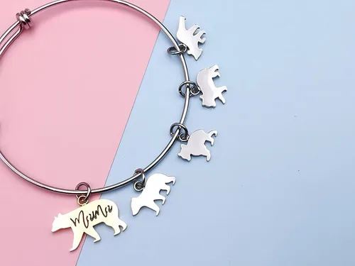 Vista 4 de Veeshy Pulseras con dijes de mamá oso con 1, 2, 3, 4 cachorros para mujer, Acero inoxidable, Acero inoxidable