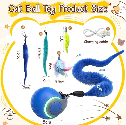 Vista 3 de 1 pelota interactiva de juguete para gatos, cola rápida y cola de gato en movimiento, juguetes interactivos para interiores para aburrimiento, Azul