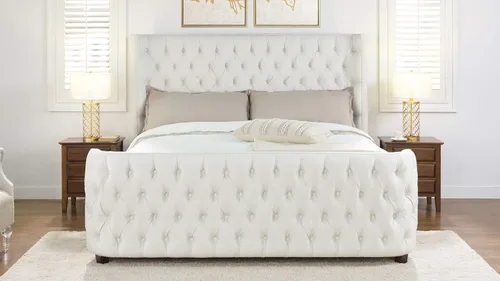 Vista 6 de Jennifer Taylor Home Brooklyn - Juego de cabecero y estribo de cama con panel capitoné, tamaño Queen, poliéster blanco antiguo