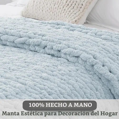 Vista 2 de Manta de punto grueso, 50 x 60 pulgadas, 100% hecha a mano con Azul bebé