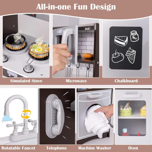 Vista 4 de HONEY JOY Juego de cocina para niños, cocina de madera modular de 2 piezas para niños pequeños y lavadora con fregadero, campana extractora