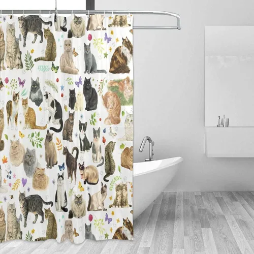 Vista 2 de Cortina de ducha de gato para baño con ganchos, lindo gatito colorido de dibujos animados con patas de mascotas para amantes de los gatos, regalo