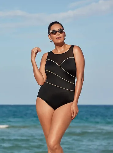 Vista 5 de Longitude Traje de baño de malla con cuello alto y cuello alto para mujer, copa suave, traje de baño de una pieza