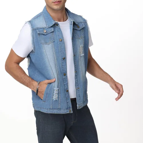 Vista 3 de NASKY Chaleco de mezclilla sin mangas ajustado retro rasgado para hombre y chaqueta de mezclilla