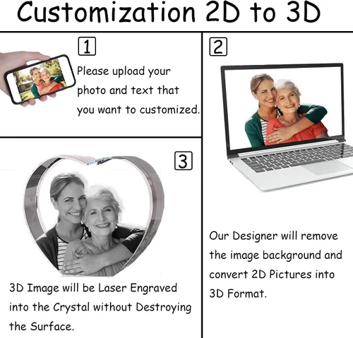 Vista 3 de Arokimi Marco de fotos de cristal 3D grabado personalizado en forma de corazón con tu propia foto regalo para los amantes (L)
