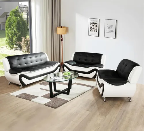 Vista 10 de Juego de sofá de 3 piezas para sala de estar, juego de sofá biplaza de piel sintética, estilo moderno, para sala de estar, apartamento, oficina Negro