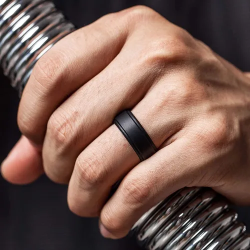 Vista 3 de ThunderFit Silicone Wedding Rings for Men - Step Edge Sleek Design Rubber Engagement Bands - 8mm Width - 2mm Thickness