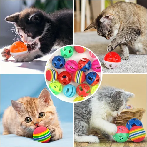 Vista 3 de QUOZUO Paquete de 24 bolas de plástico para gatos, bolas de celosía con campana, juguete de gatito, bola de arcoíris, estilos de caja de regalo