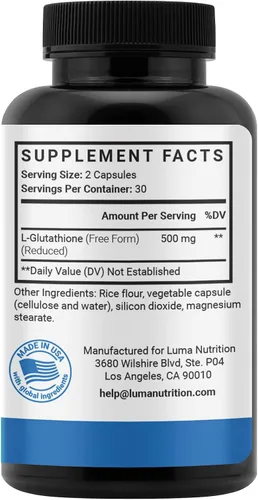 Vista 9 de Luma Nutrition Suplemento premium de glutatión - 500 mg - L-glutatión - Soporte antioxidante - Reducido - Soporte hepático - 60 cápsulas