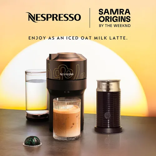 Vista 2 de Nespresso Vertuo Pop+ Cafetera para café y espresso de De'Longhi, Samra Origins de The Weeknd Vertuo Buna Amarillo con espumador de leche Aeroccino3