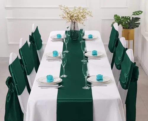 Vista 2 de Horbaunal - Juego de 2 caminos de mesa de satén verde bosque de 12 x 108 pulgadas, caminos de mesa suaves para bodas, banquetes y fiestas