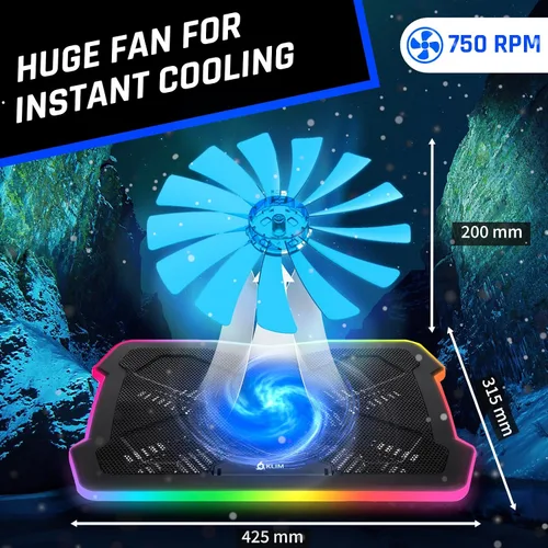Vista 3 de KLIM Ultimate - Almohadilla de refrigeración RGB para laptop con borde LED, nuevo - Enfriador para laptop para juegos - Ventilador alimentado por