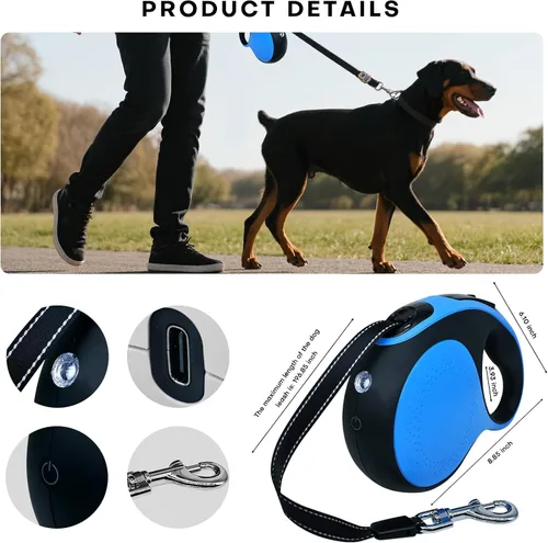 Vista 2 de Correa retráctil para perro con luz LED recargable, correa de perro resistente de 16 pies para perros medianos y grandes de hasta 110 libras, 360°