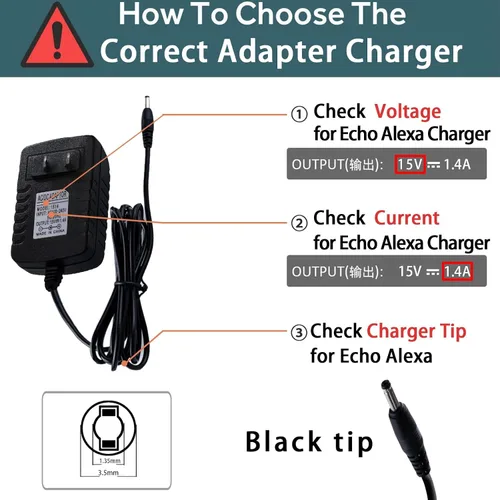 Vista 2 de Adaptador de corriente de repuesto de 21 W, cargador de Echo Enchufe de CC de 0.138 x 0.053 in compatible con Echo de 1ª y 2ª generación, cámara
