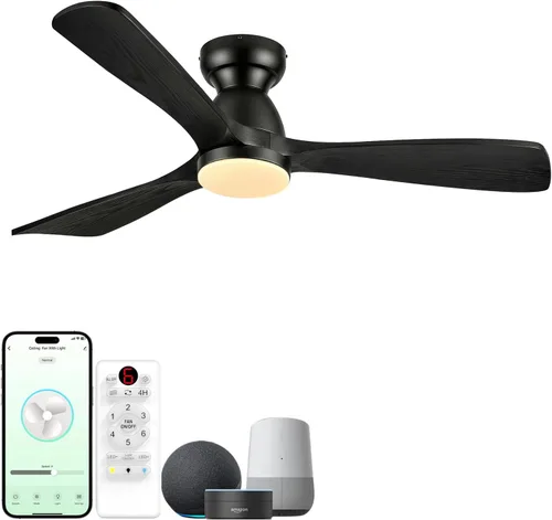 Vista 12 de Ventiladores de techo inteligentes de 52 pulgadas con luces, ventilador de techo de madera de perfil bajo para exteriores, motor de CC silencioso