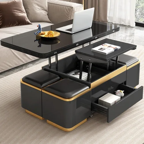 Vista 10 de Guyii Mesa de centro elevable con taburetes de almacenamiento, mesa central 3 en 1, altura ajustable, mesa plegable para sala de estar, ahorro