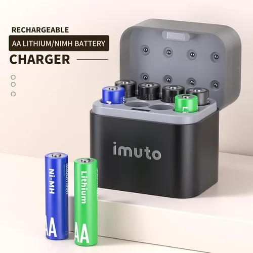 Vista 2 de imuto Cargador de batería AA recargable, cargador inteligente AA compatible con batería recargable de litio y NiMH, carga independiente de 8