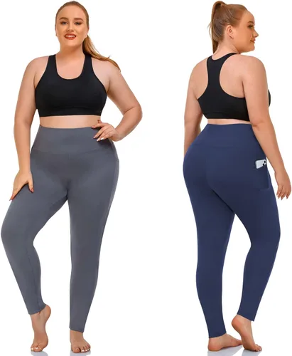 Vista 2 de NEW YOUNG Paquete de 3 leggings de talla grande con bolsillos para mujer, cintura alta, control de abdomen, pantalones de yoga para entrenamiento