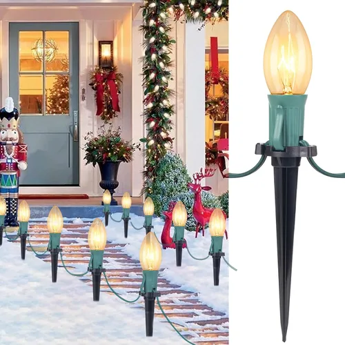 Vista 13 de Brightown Tira de luces LED estilo sendero de Navidad para exteriores; tira de 20 luces LED C9 de 25.7 pies con 20 estacas interconectables y a