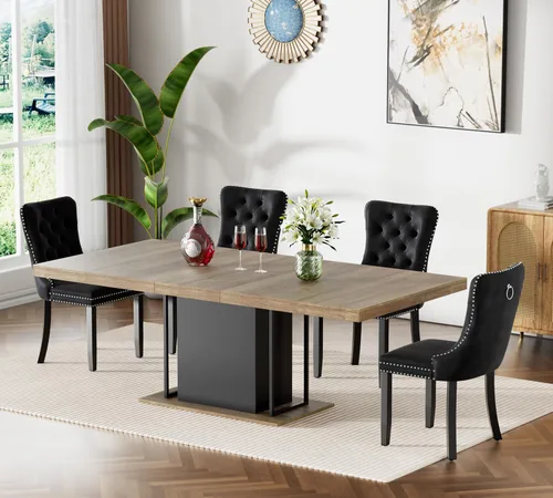 Vista 55 de Mesa de comedor extensible de 78.74 pulgadas para 6 8 y 10 pulgadas, moderna mesa de comedor extensible de granja con base de doble pedestal, mesa