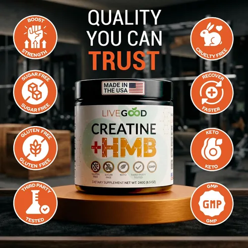 Vista 8 de LIVEGOOD Monohidrato de creatina con HMB para crecimiento muscular magro y recuperación - Polvo de creatina HMB para hombres y mujeres - Creatina