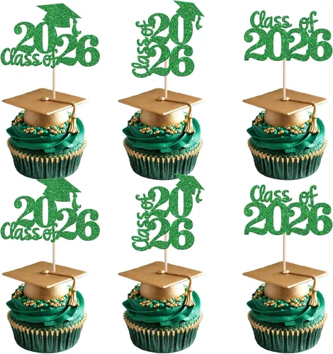 Vista 30 de 24 piezas 2026 temáticas de graduación 2026 decoraciones para cupcakes con purpurina clase de 2026 Diploma Congrats 2026 Tapa de graduación